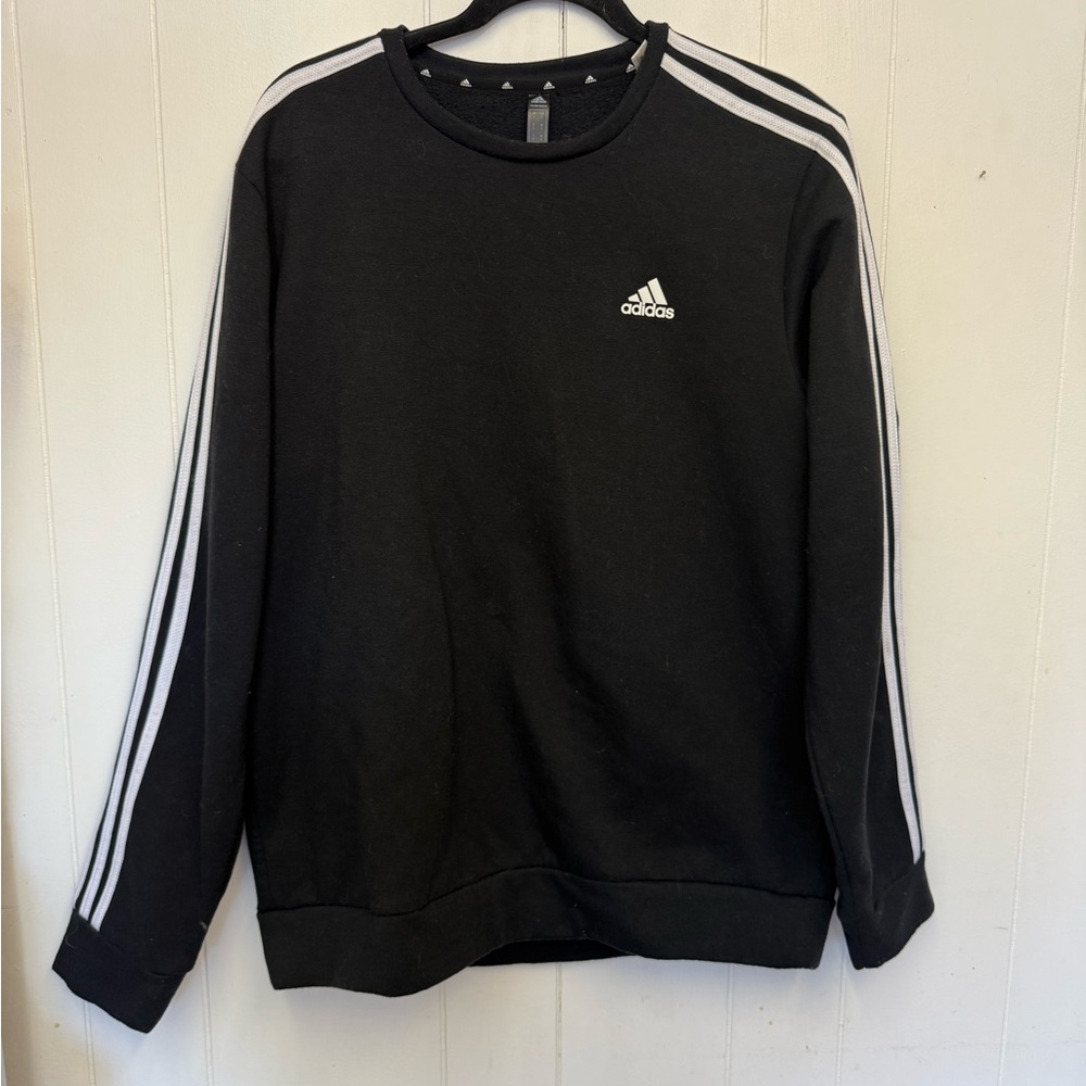 Adidas Men's Black Crewneck Sweater with White Stripes